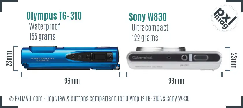 Olympus TG-310 vs Sony W830 top view buttons comparison
