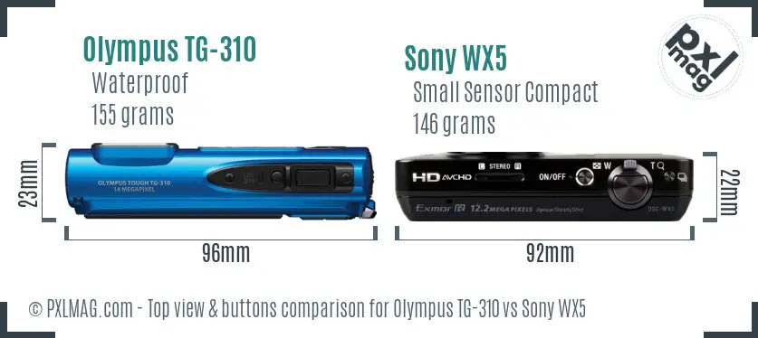 Olympus TG-310 vs Sony WX5 top view buttons comparison