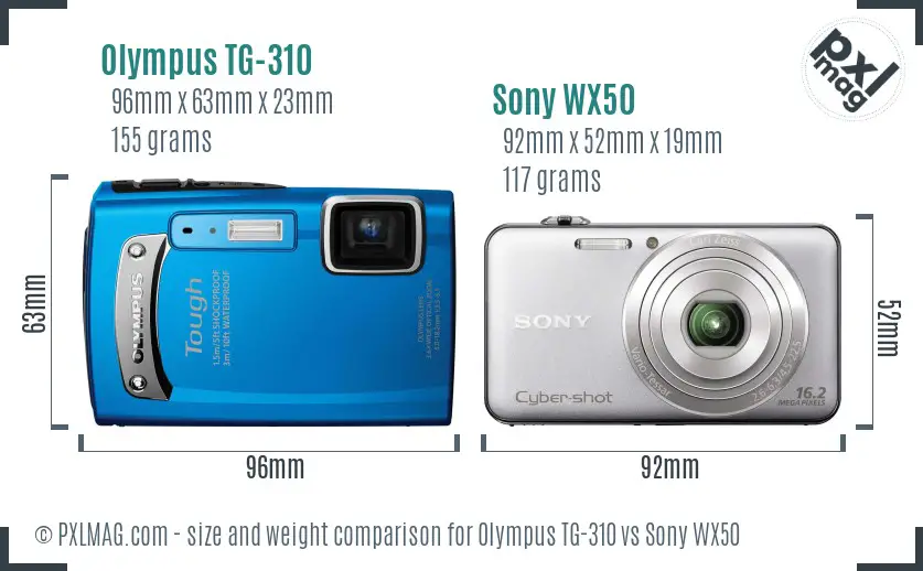 Olympus TG-310 vs Sony WX50 size comparison