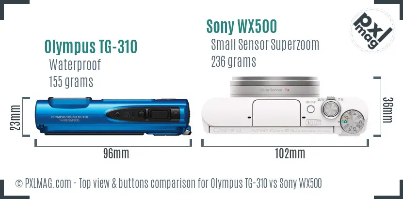 Olympus TG-310 vs Sony WX500 top view buttons comparison
