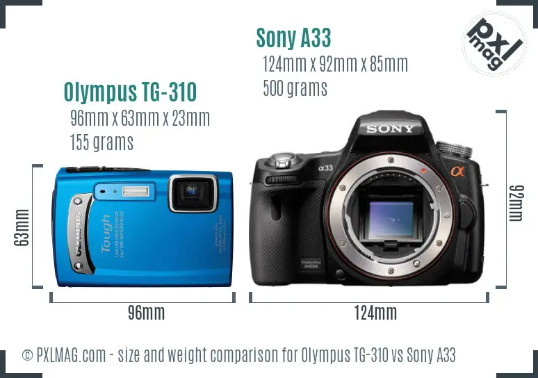 Olympus TG-310 vs Sony A33 size comparison