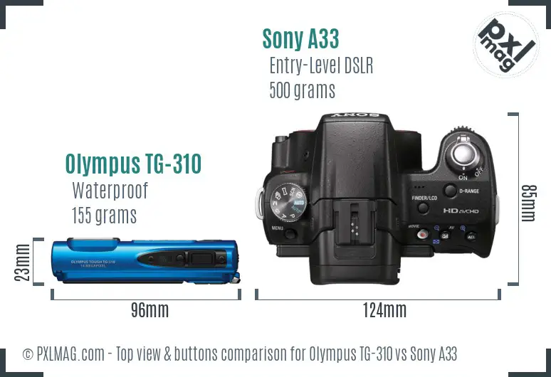 Olympus TG-310 vs Sony A33 top view buttons comparison