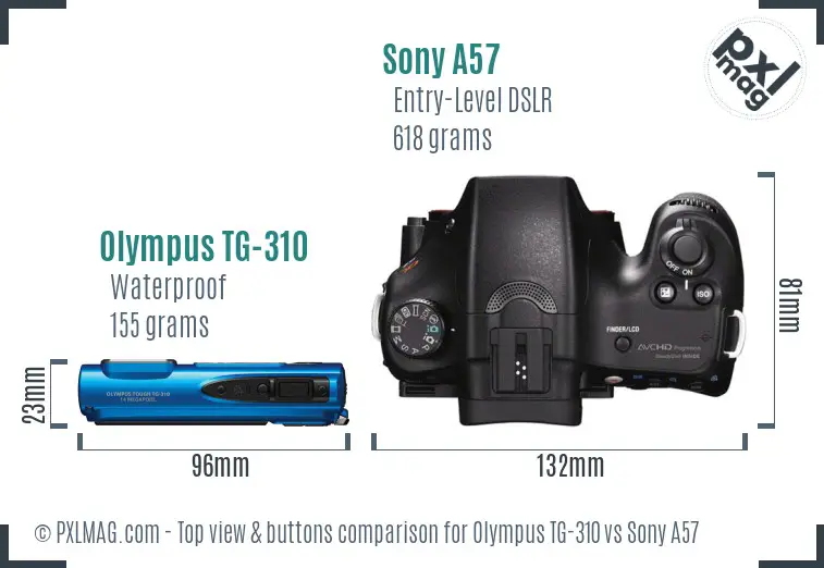 Olympus TG-310 vs Sony A57 top view buttons comparison