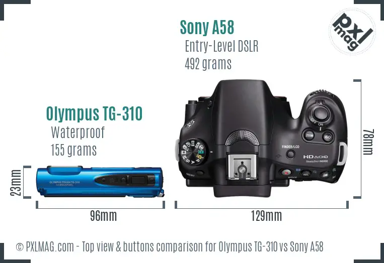 Olympus TG-310 vs Sony A58 top view buttons comparison
