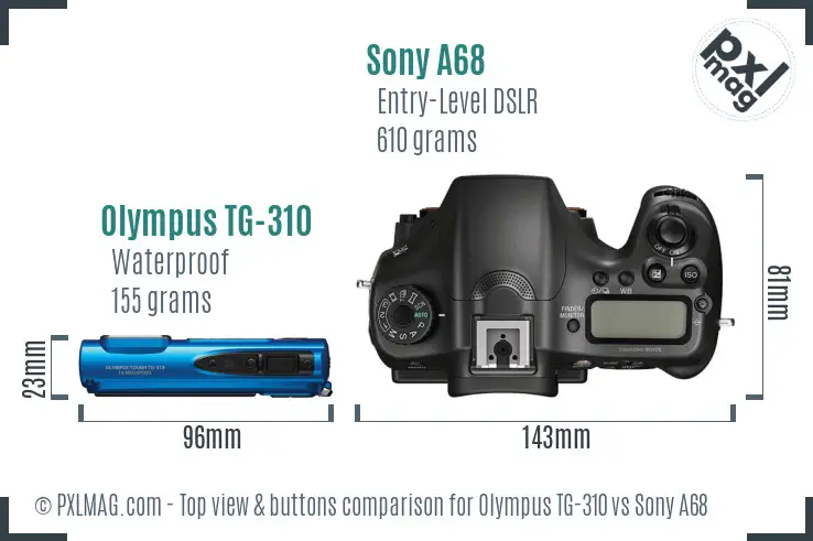 Olympus TG-310 vs Sony A68 top view buttons comparison