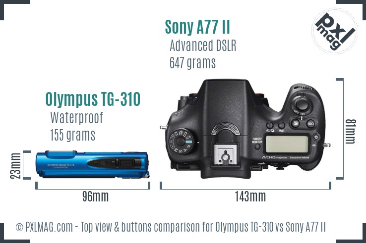 Olympus TG-310 vs Sony A77 II top view buttons comparison