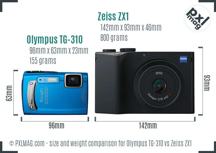 Olympus TG-310 vs Zeiss ZX1 size comparison