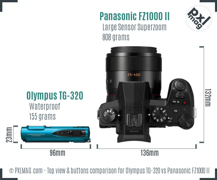 Olympus TG-320 vs Panasonic FZ1000 II top view buttons comparison