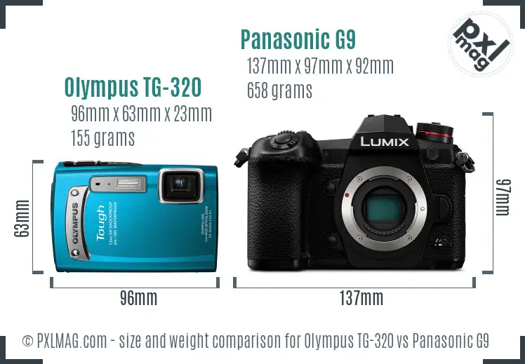 Olympus TG-320 vs Panasonic G9 size comparison