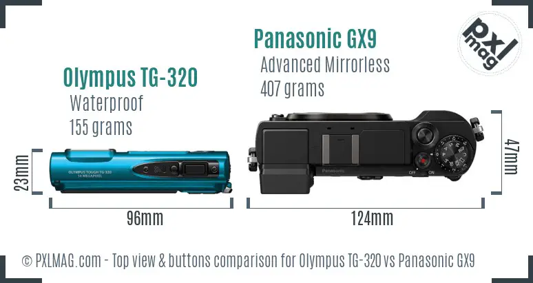 Olympus TG-320 vs Panasonic GX9 top view buttons comparison