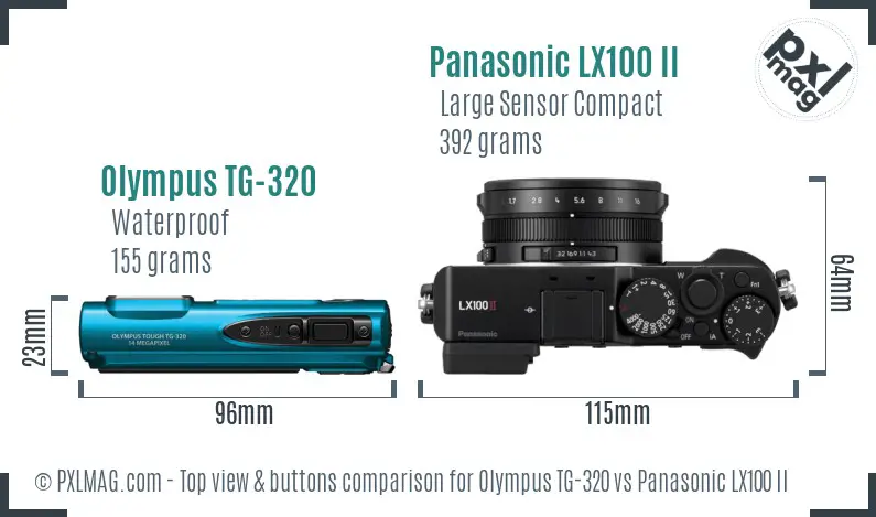 Olympus TG-320 vs Panasonic LX100 II top view buttons comparison