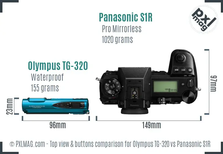 Olympus TG-320 vs Panasonic S1R top view buttons comparison