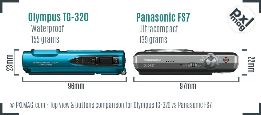 Olympus TG-320 vs Panasonic FS7 top view buttons comparison