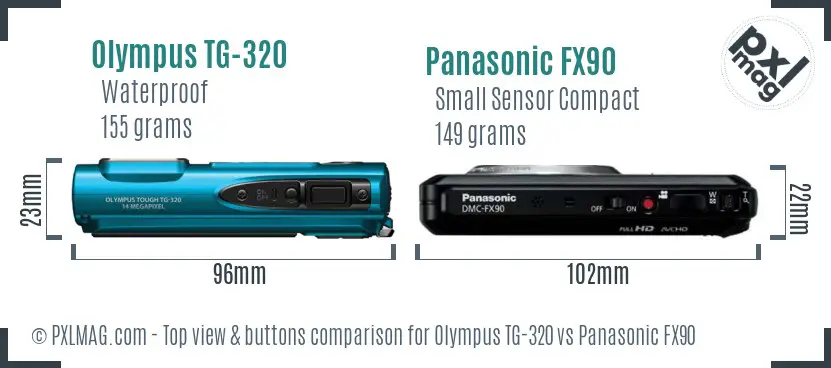 Olympus TG-320 vs Panasonic FX90 top view buttons comparison