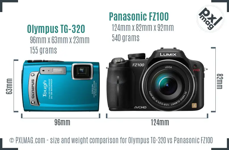 Olympus TG-320 vs Panasonic FZ100 size comparison Olympus TG-320 vs Panasonic FZ100 size comparison