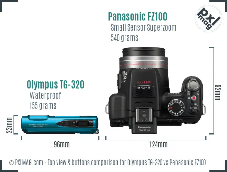 Olympus TG-320 vs Panasonic FZ100 top view buttons comparison Olympus TG-320 vs Panasonic FZ100 top view buttons comparison