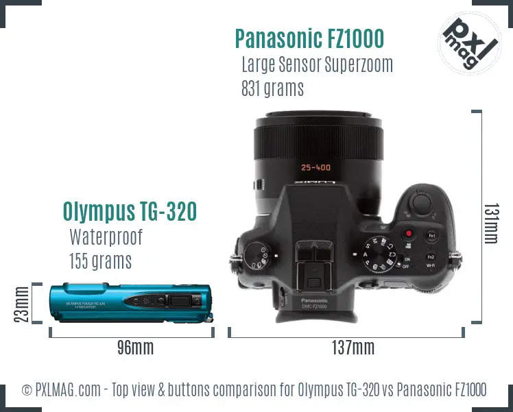 Olympus TG-320 vs Panasonic FZ1000 top view buttons comparison Olympus TG-320 vs Panasonic FZ1000 top view buttons comparison