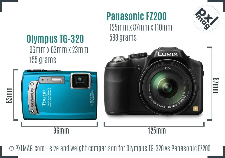 Olympus TG-320 vs Panasonic FZ200 size comparison