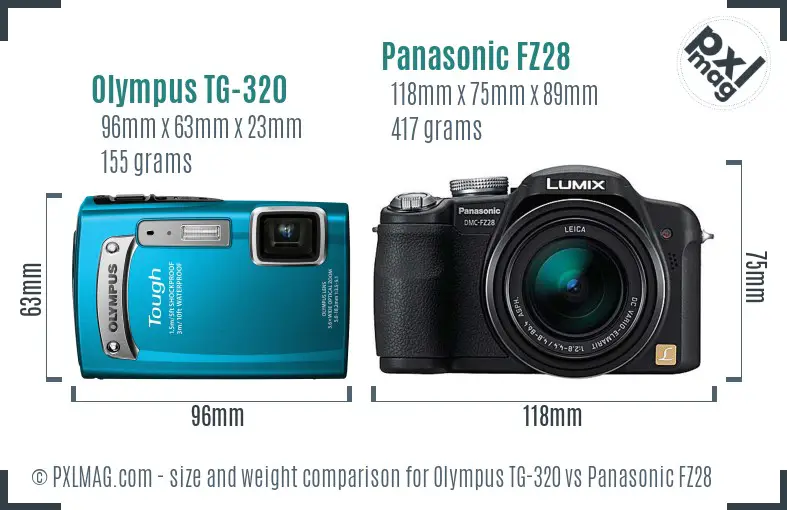 Olympus TG-320 vs Panasonic FZ28 size comparison