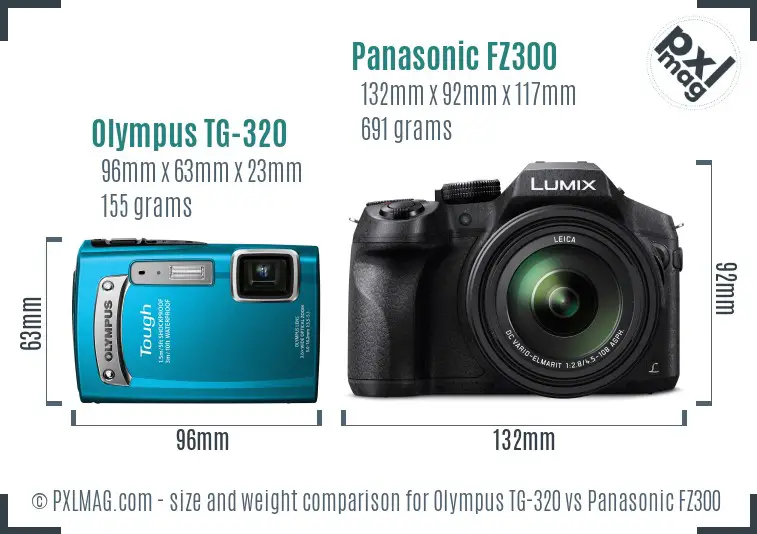 Olympus TG-320 vs Panasonic FZ300 size comparison