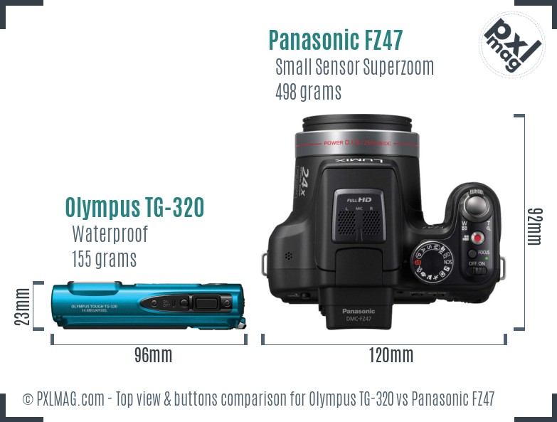 Olympus TG-320 vs Panasonic FZ47 top view buttons comparison