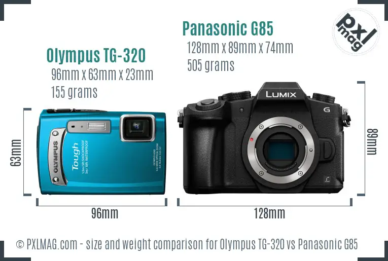 Olympus TG-320 vs Panasonic G85 size comparison