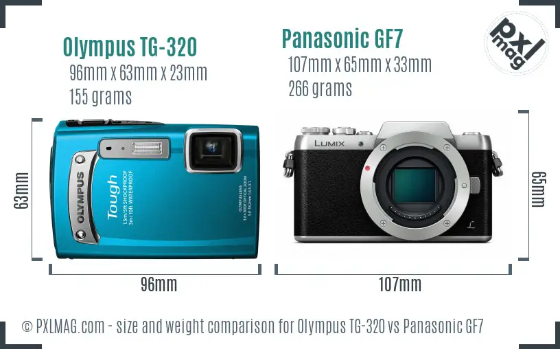Olympus TG-320 vs Panasonic GF7 size comparison