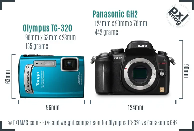 Olympus TG-320 vs Panasonic GH2 size comparison