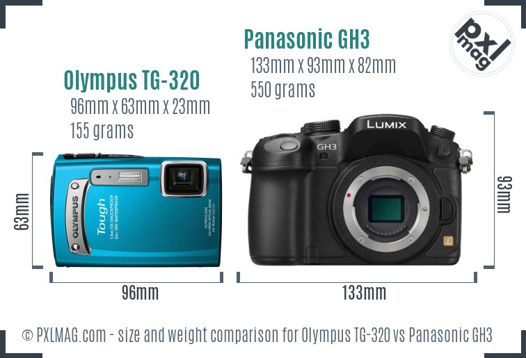 Olympus TG-320 vs Panasonic GH3 size comparison Olympus TG-320 vs Panasonic GH3 size comparison