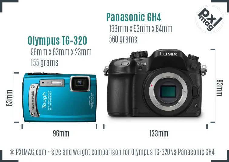 Olympus TG-320 vs Panasonic GH4 size comparison