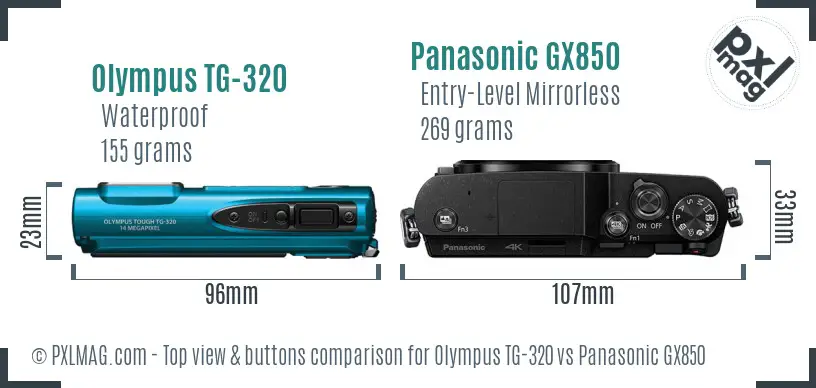 Olympus TG-320 vs Panasonic GX850 top view buttons comparison Olympus TG-320 vs Panasonic GX850 top view buttons comparison