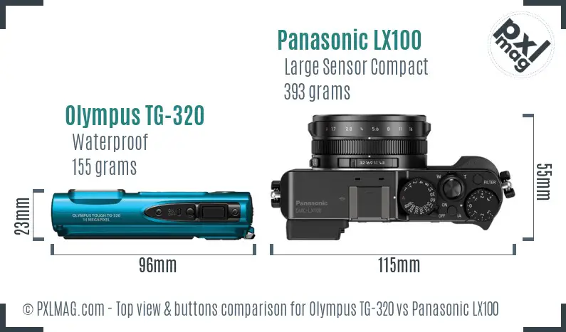 Olympus TG-320 vs Panasonic LX100 top view buttons comparison