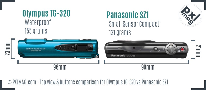 Olympus TG-320 vs Panasonic SZ1 top view buttons comparison