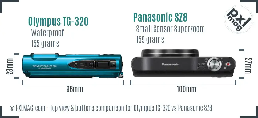 Olympus TG-320 vs Panasonic SZ8 top view buttons comparison Olympus TG-320 vs Panasonic SZ8 top view buttons comparison