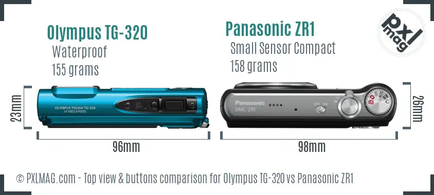 Olympus TG-320 vs Panasonic ZR1 top view buttons comparison