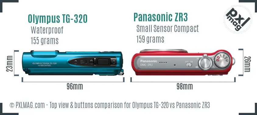 Olympus TG-320 vs Panasonic ZR3 top view buttons comparison