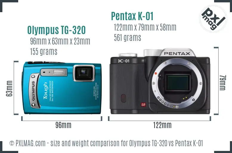 Olympus TG-320 vs Pentax K-01 size comparison