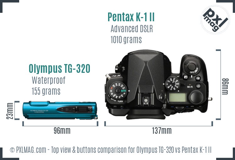 Olympus TG-320 vs Pentax K-1 II top view buttons comparison