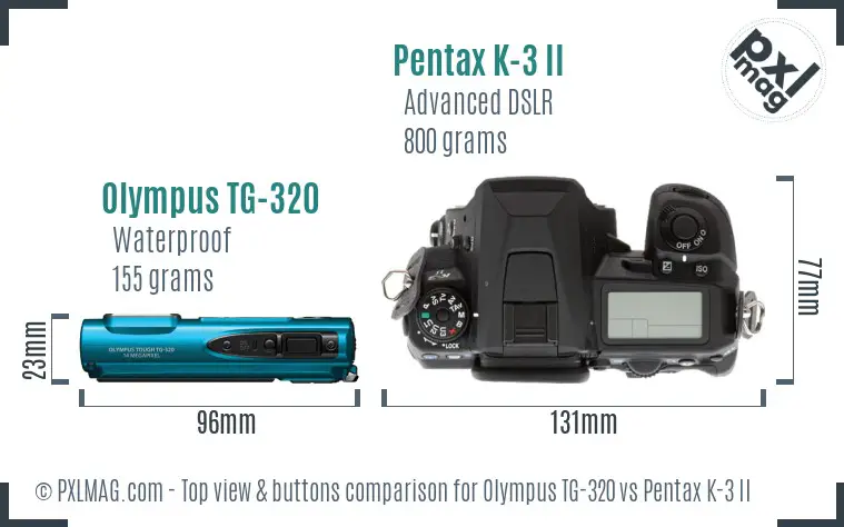 Olympus TG-320 vs Pentax K-3 II top view buttons comparison