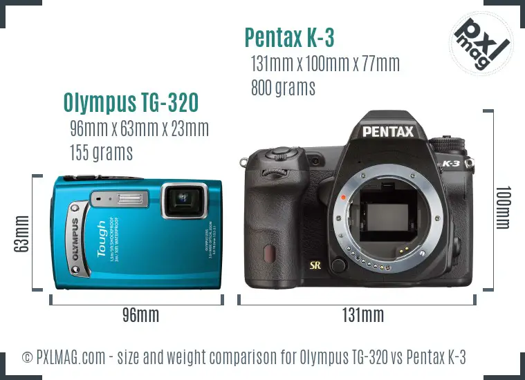 Olympus TG-320 vs Pentax K-3 size comparison