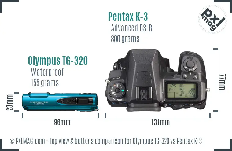 Olympus TG-320 vs Pentax K-3 top view buttons comparison