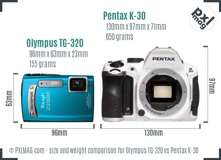 Olympus TG-320 vs Pentax K-30 size comparison