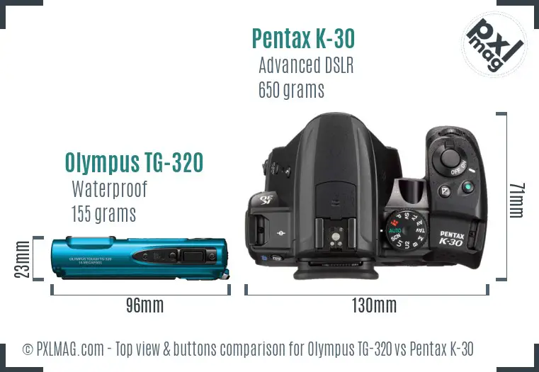Olympus TG-320 vs Pentax K-30 top view buttons comparison