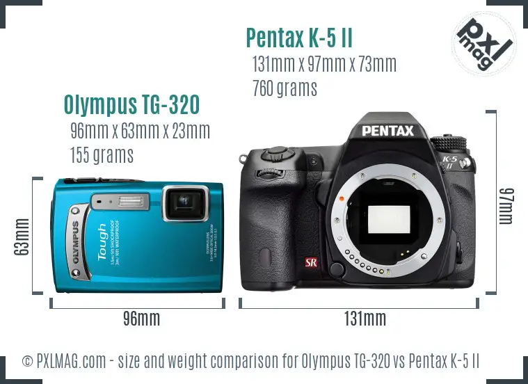 Olympus TG-320 vs Pentax K-5 II size comparison