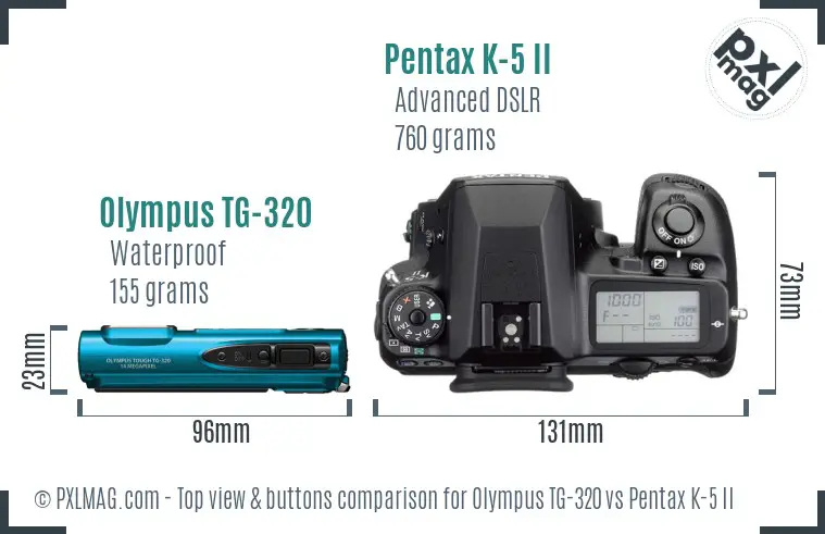 Olympus TG-320 vs Pentax K-5 II top view buttons comparison