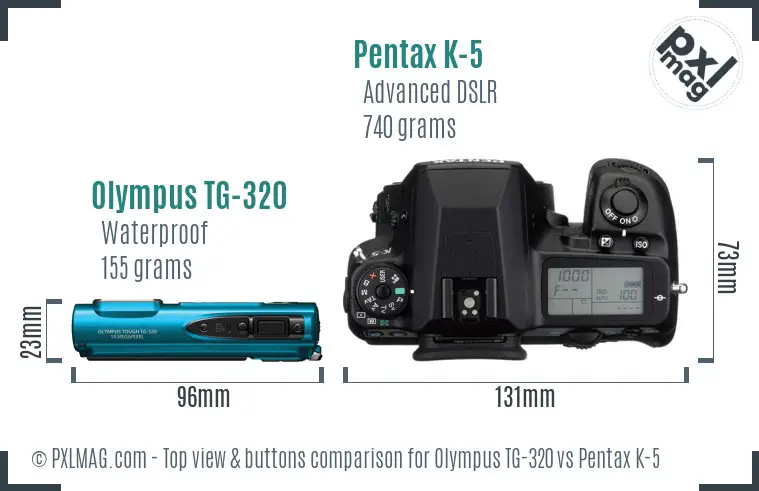 Olympus TG-320 vs Pentax K-5 top view buttons comparison