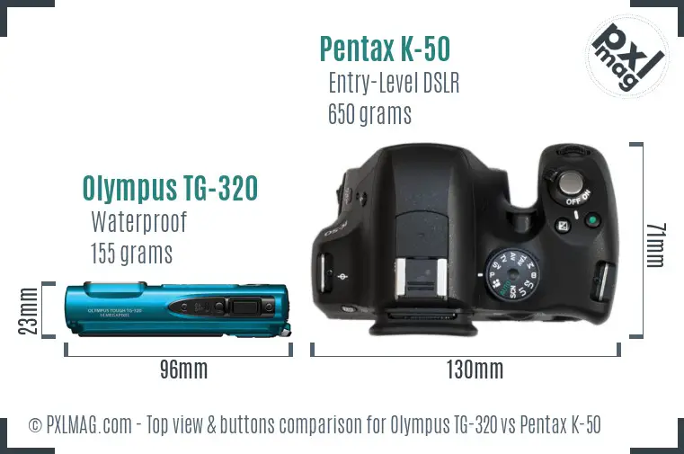Olympus TG-320 vs Pentax K-50 top view buttons comparison