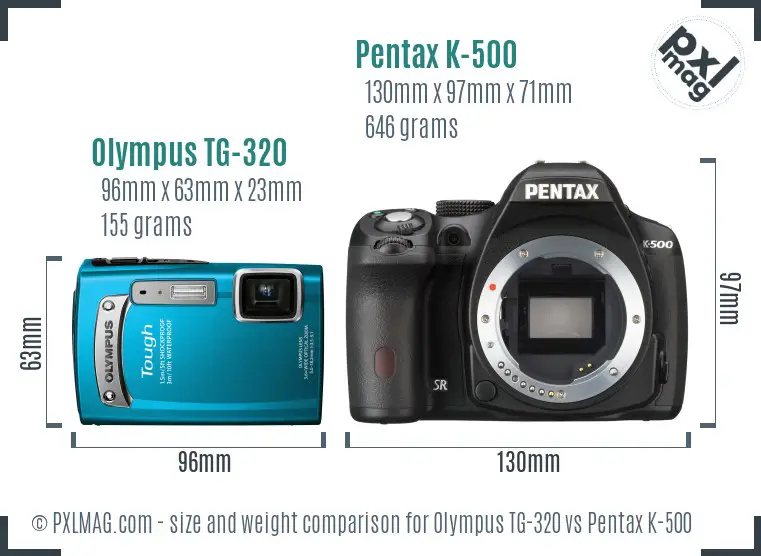 Olympus TG-320 vs Pentax K-500 size comparison