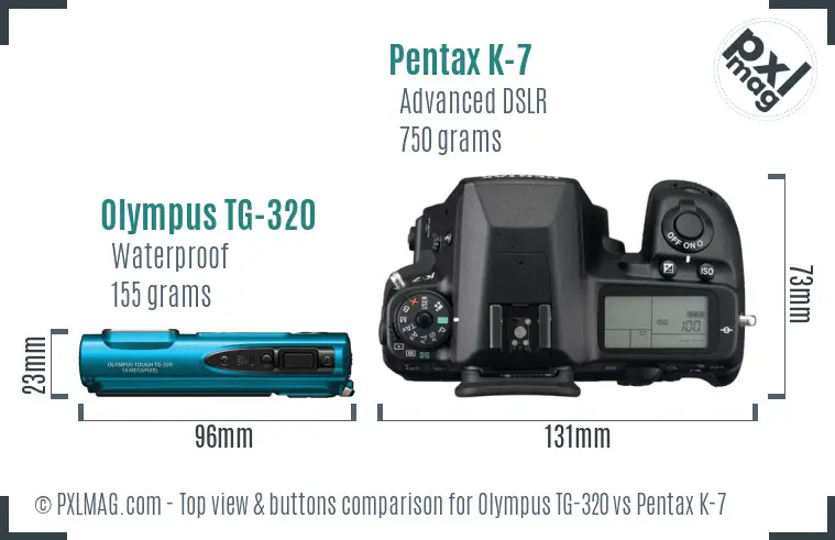 Olympus TG-320 vs Pentax K-7 top view buttons comparison