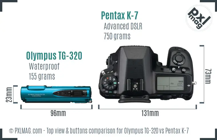 Olympus TG-320 vs Pentax K-7 top view buttons comparison Olympus TG-320 vs Pentax K-7 top view buttons comparison